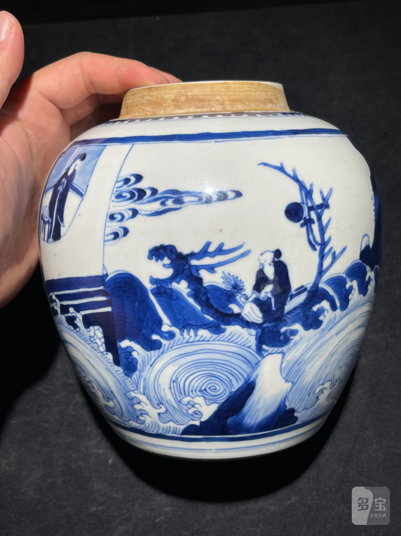 清康熙 青花仙人乘槎纹罐 - 图3